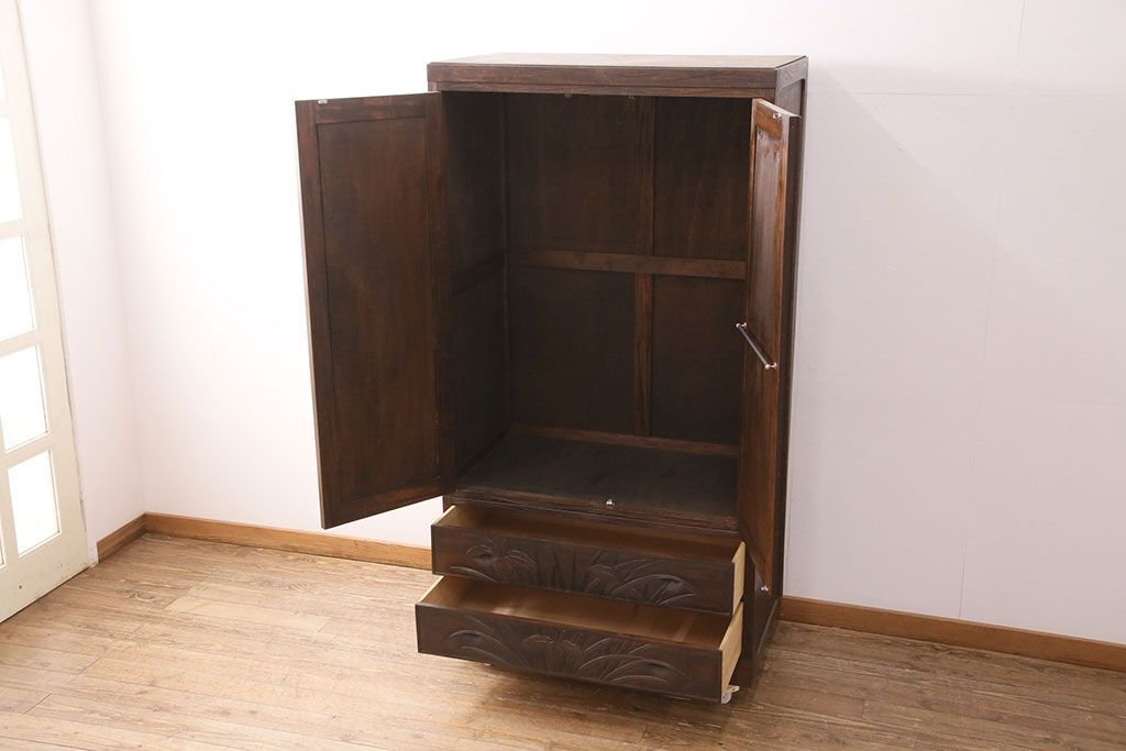 軽井沢彫り 菖蒲彫刻 ワードローブ クローゼット 洋服タンス チェスト 抽斗 引き出し 2段重ね 伝統工芸 和家具 軽井沢彫り 菖蒲彫刻 ワードローブ クローゼット 洋服タンス チェスト