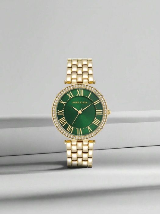 腕時計 レディース クォーツ レディース クリスタルアクセント ゴールドトーン ブレスレットウォッチ グリーンサンレイダイヤルウォッチ レディース ゴールドトーン 調節 リンクブレスレット 防水クォーツウォッチ