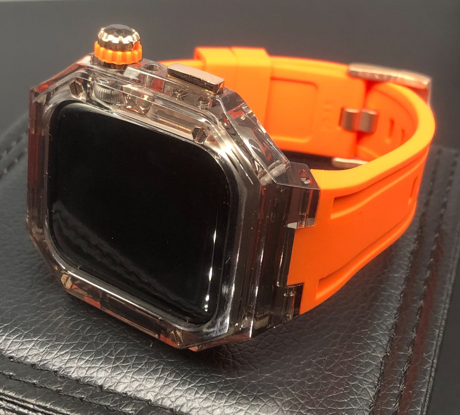 GimelZayin zc rg ブラッククリア オレンジ アップルウォッチ ラバーベルト カバー クリア ケース 40mm 41mm 44mm 45mm 46mm 49mm スポーツ メンズ レディース 4スクリュー Apple Watch バンド