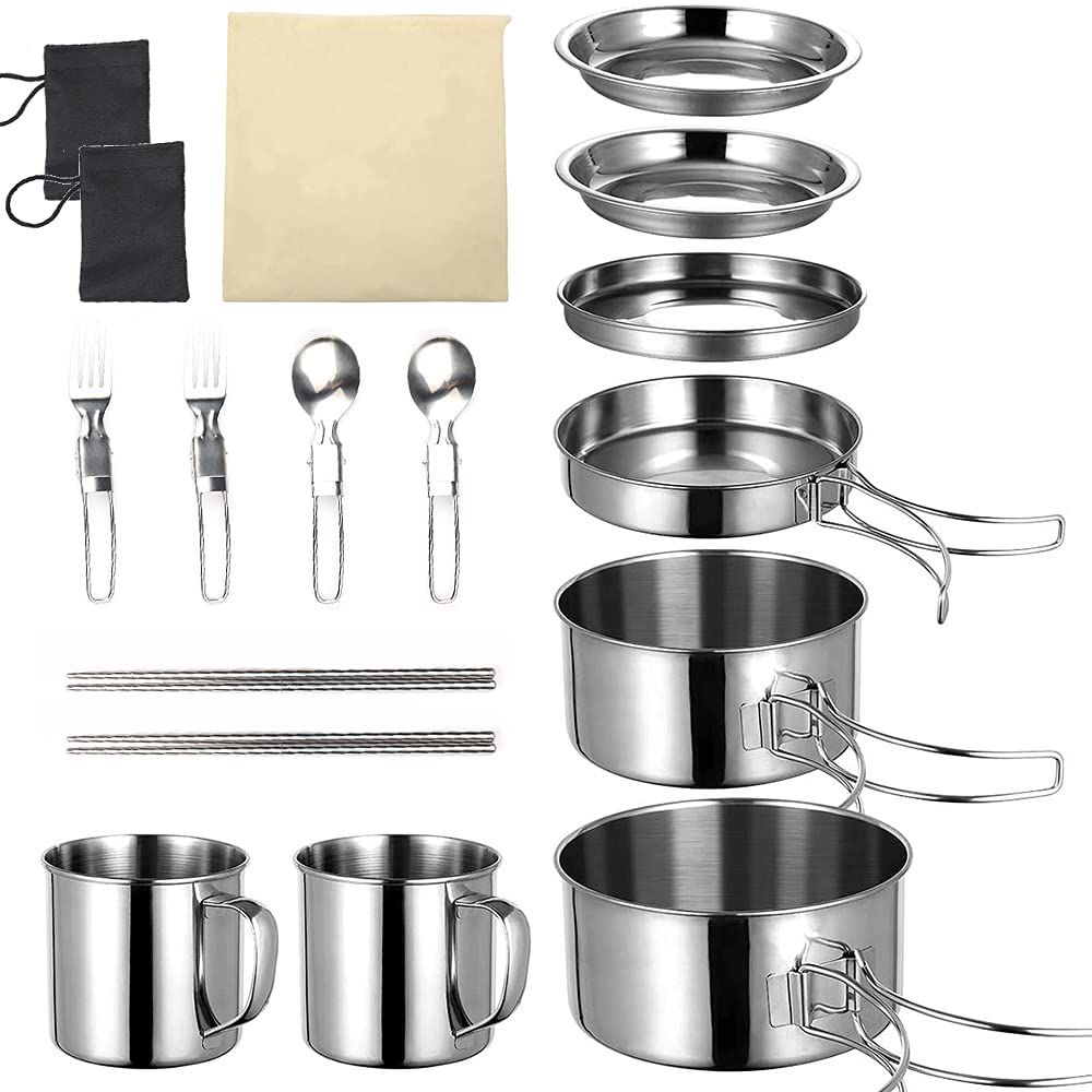 【人気商品】ステンレス メスキット 食器セット コッヘル 皿 クッカーセット 鍋 バーベキュー キャンプ BBQ 14点セット スタッキング可能 アウトドアクッカー 収納袋付き Samamixx 23人に適応