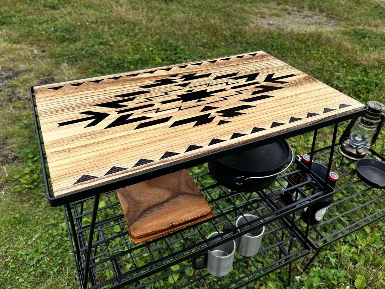 OUTDOORSHIN フィールドラック オルテガ柄 天然木製天板 マルチラック