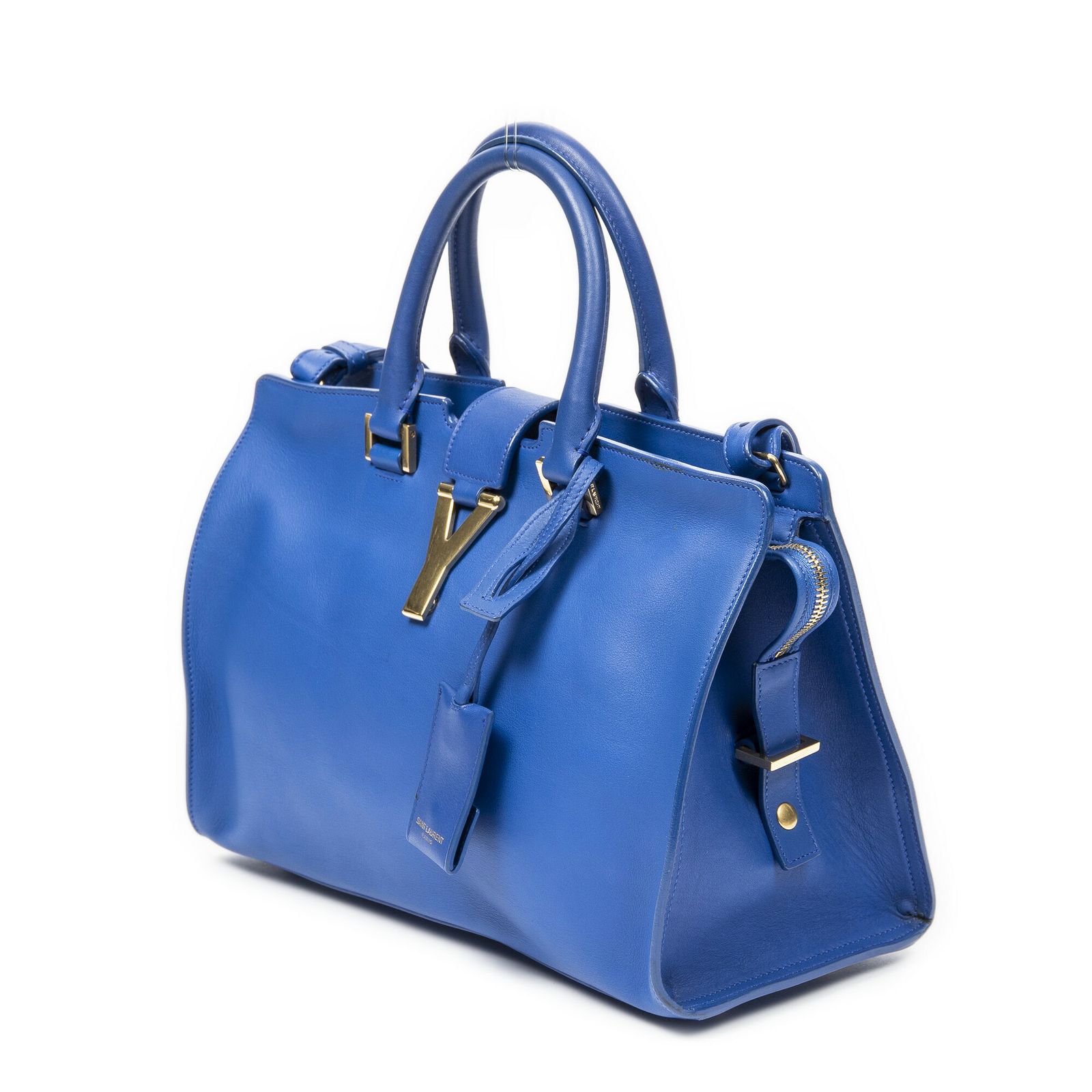 YVES SAINT LAURENT イヴサンローランスモール クラシック Y カバ青カーフスキンレザーA