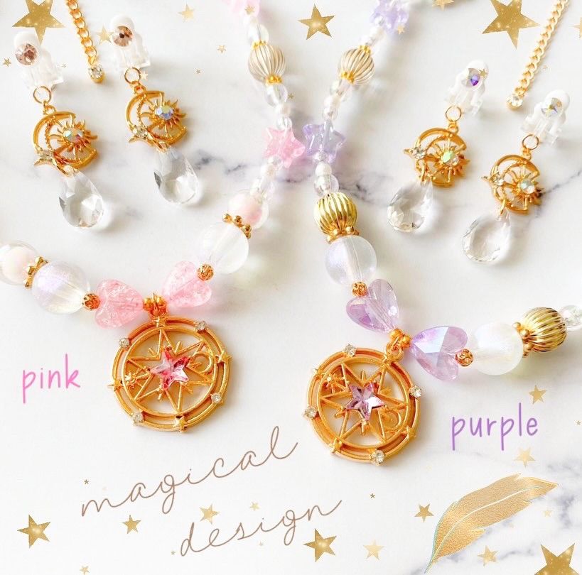 little princess＊magical design - purple キッズイヤリング + キッズ ネックレス セット ＊ キッズアクセサリー 女の子 プレゼント ハロウィン パープル 魔法 noakoma