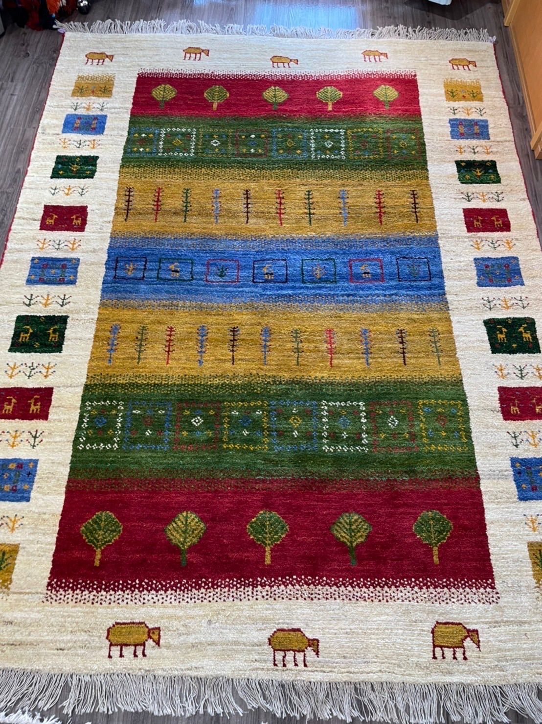 新品 ペルシャ絨毯 手織り ギャッベ ナチュラル 青 生命の木 - ラグ