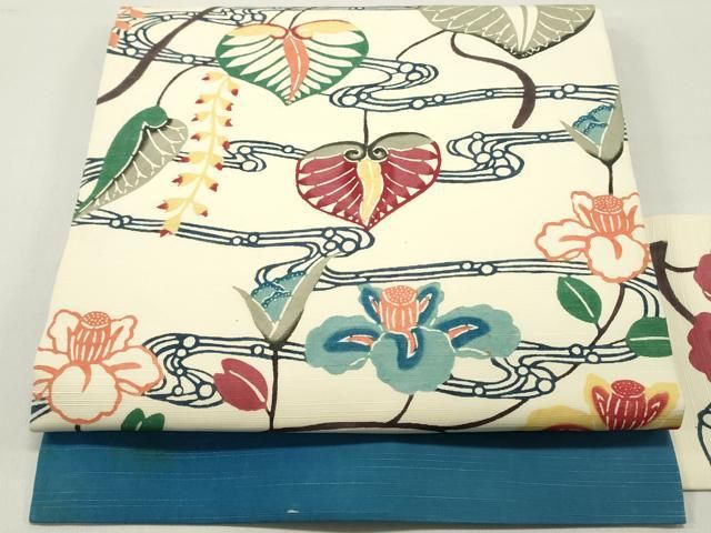 平和屋着物●九寸名古屋帯 紬地 紅型 流水蔦の葉花文 正絹 DAAY0136ob