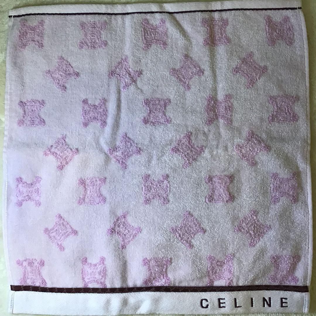美品 CELINE ウォッシュタオル マカダム ピンク ロゴ入 タオルハンカチ
