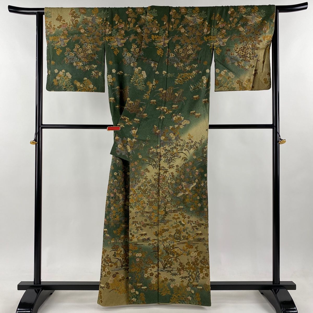 訪問着 身丈160.5cm 裄丈67.5cm L 袷 鳳凰 桜 刺繍 金糸 深緑