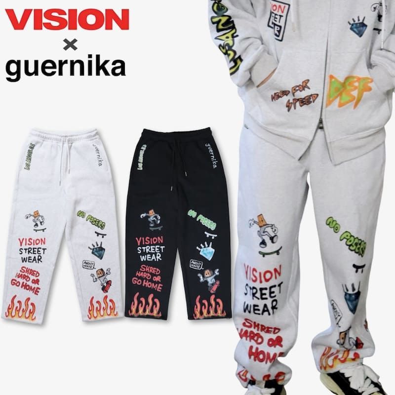 メンズ vision street wear ヴィジョンストリートウェア guernika ゲルニカ コラボ スウェット パンツ ズボン ボトムス スウェパン アノニマウス イラスト 裏起毛 セットアップ レディース ライトグレー 黒 ブラック