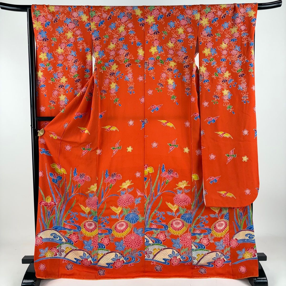 振袖 身丈170cm 裄丈70cm L 袷 菖蒲 流水 縮緬 オレンジ 正絹 秀品