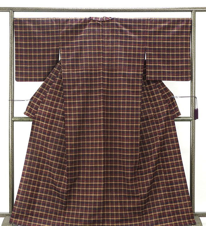 単衣 紬 仕立済 正絹 単衣 格子模様 身丈166cm 裄丈68cm 紬 仕立て上がり 着物 wd1041