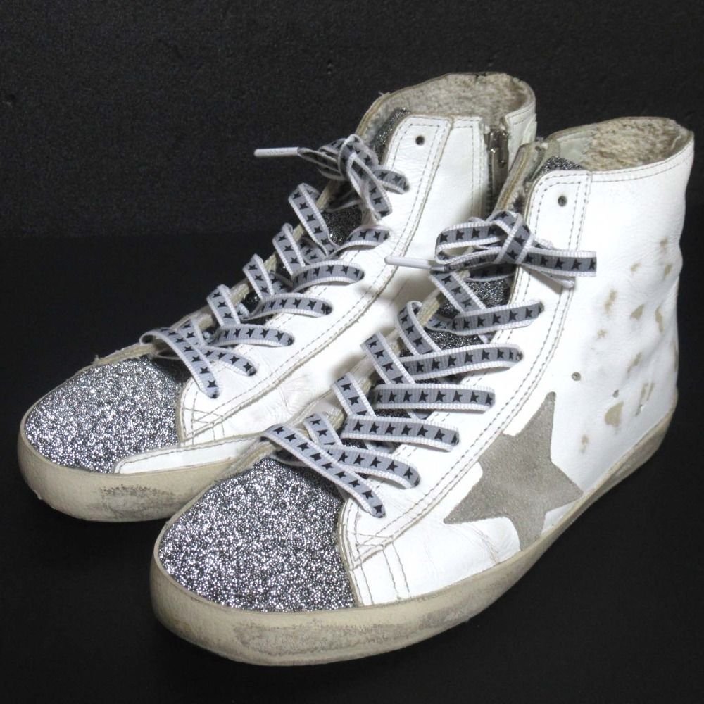美品 GOLDEN GOOSE ゴールデングース FRANCY フランシー ヴィンテージ加工 グリッター ハイカット スニーカー 36 約23cm ホワイト系 レディース 古着  USED