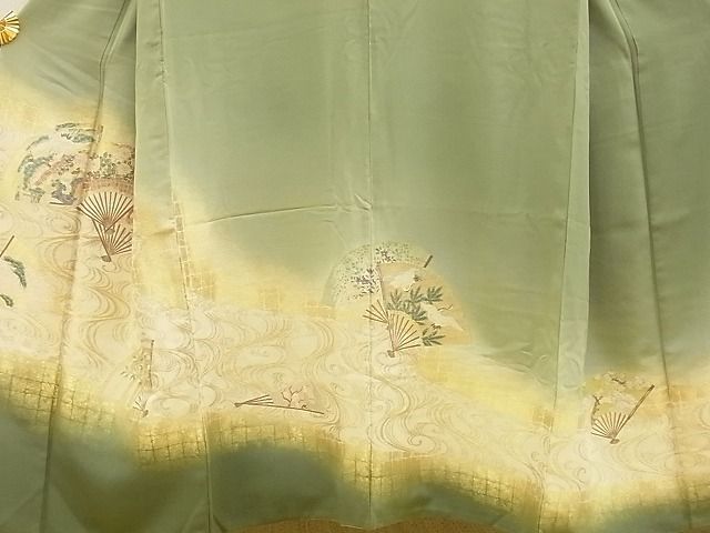 平和屋野田店■訪問着　流水扇面花鳥文　寿光織　金糸　さが美扱い　逸品　BAAI2360xi