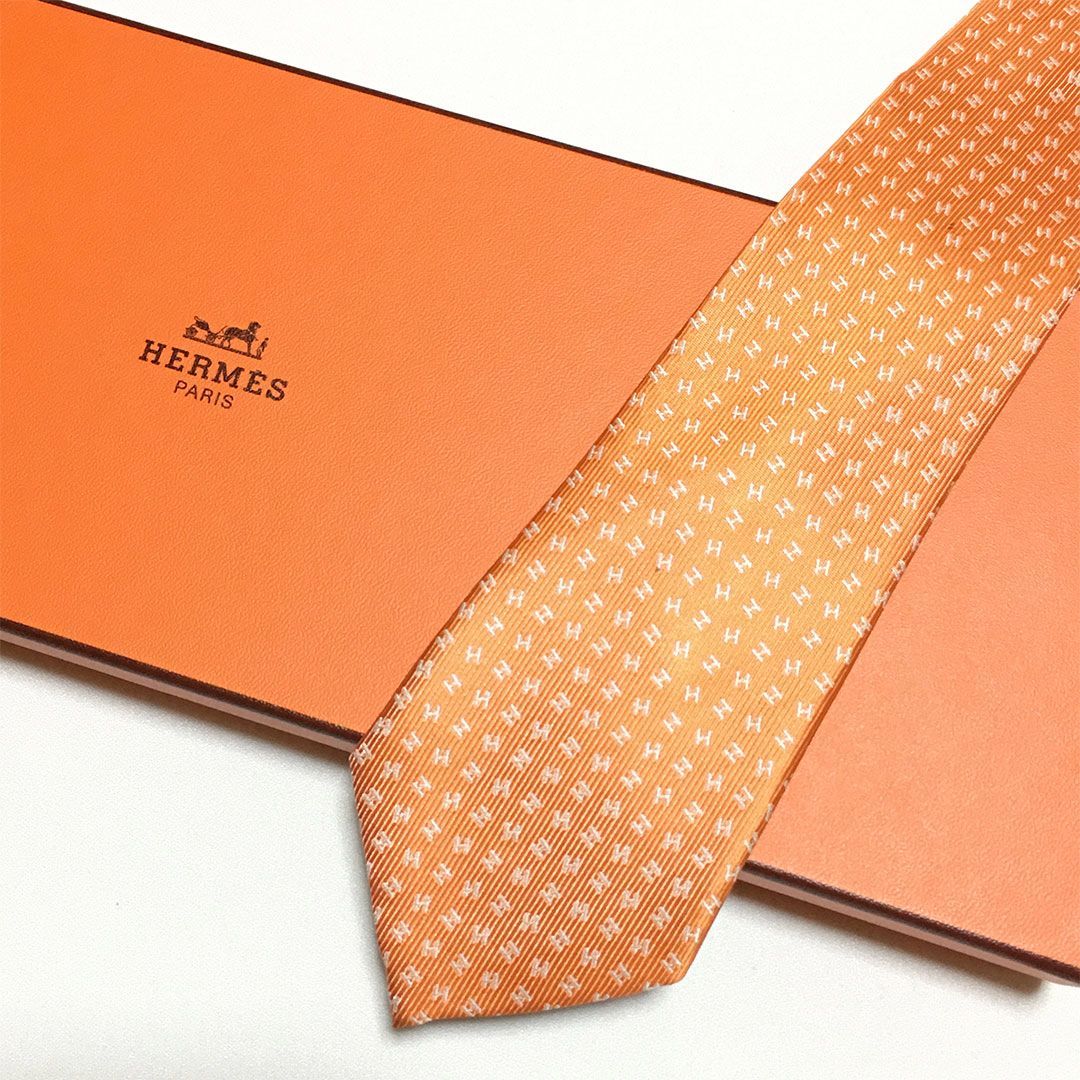 美品！ HERMES Hパターンシルクネクタイ オレンジ 美品 エルメス HERMES ネクタイ シルク100% オレンジ H柄 2510-160