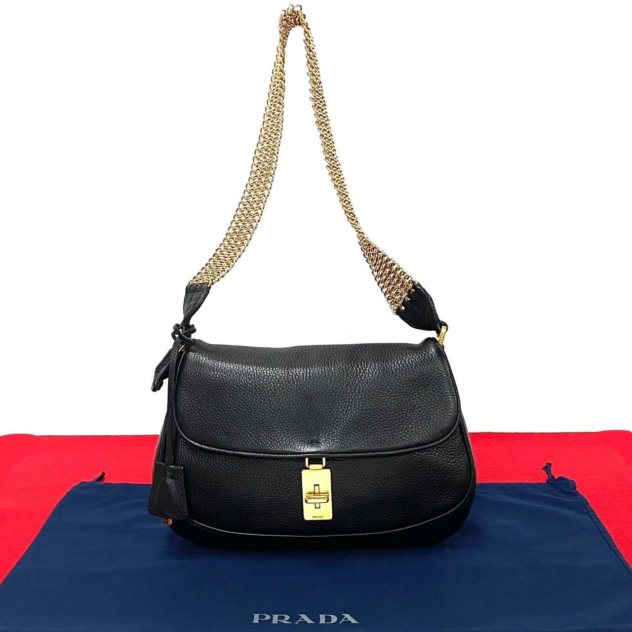 極 美品 PRADA プラダ ロゴ 金具 レザー 本革 チェーン ショルダーバッグ セミショルダー ワンショルダー ハンドバッグ ブラック 34708  - メルカリ