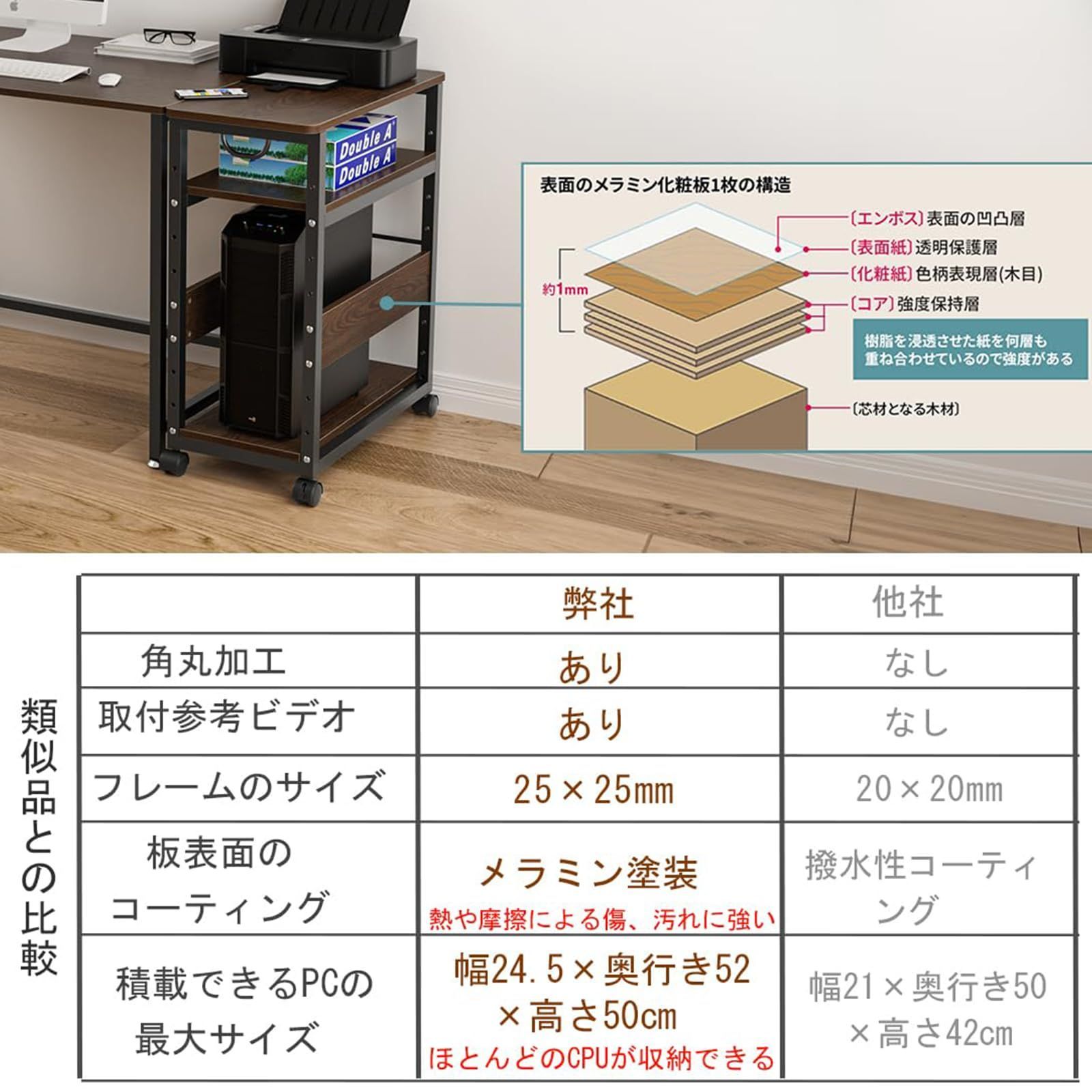 3段パソコンワゴン キャスター付き 組立品 棚板高さ調節 Amazon.co.jp: