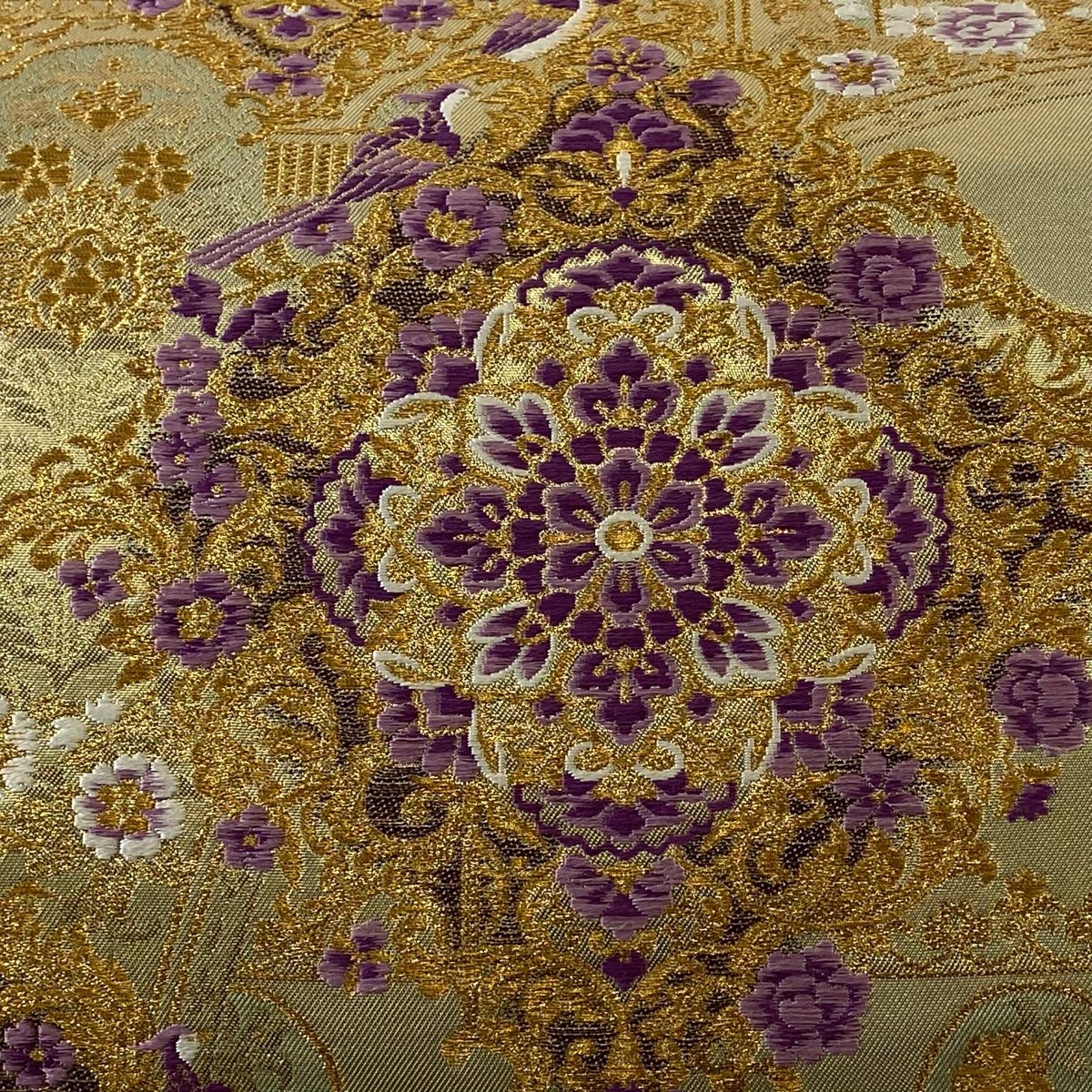 袋帯 美品 逸品 じゅらく 落款 帝王紫 華文 草花 金糸 箔 金色 お太鼓