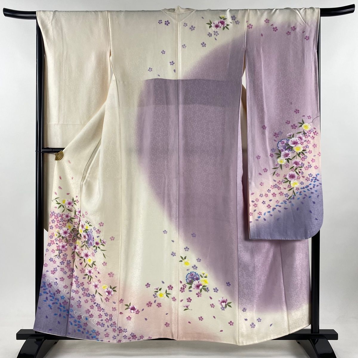振袖 身丈158cm 裄丈66cm M 袷 桜 雪輪 箔 ぼかし クリーム 正絹 名品