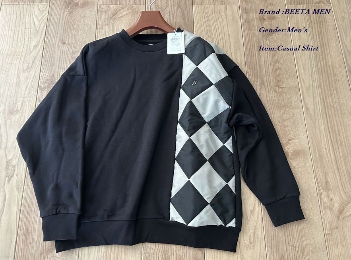 COMME CA BEETA MEN ベータメン 文化企画 市松模様 中綿クルーネックニット 05ブラック Lサイズ 86CE30 定価42 900円