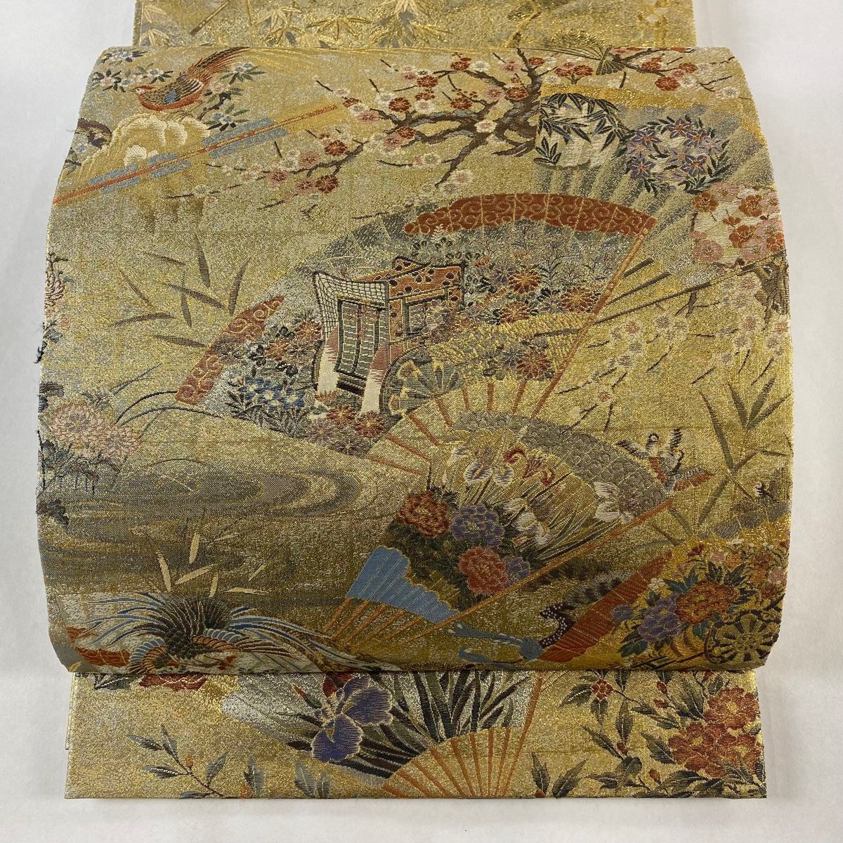 丸帯 桃山扇面屏風文 プラチナ本金箔 金色 お太鼓柄 正絹