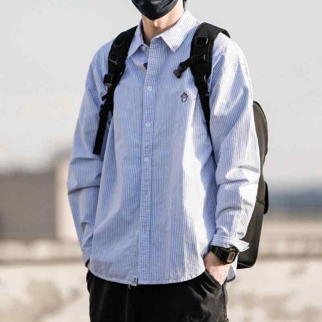 メンズ ファッション 服 男性用 オシャレ シンプル 大人 かっこいい 大きいサイズ ストリート 紳士服 刺繍 長袖 シャツ ストライプ 韓国 スタイル シャツ ファッション カジュアル トップス ジャケット