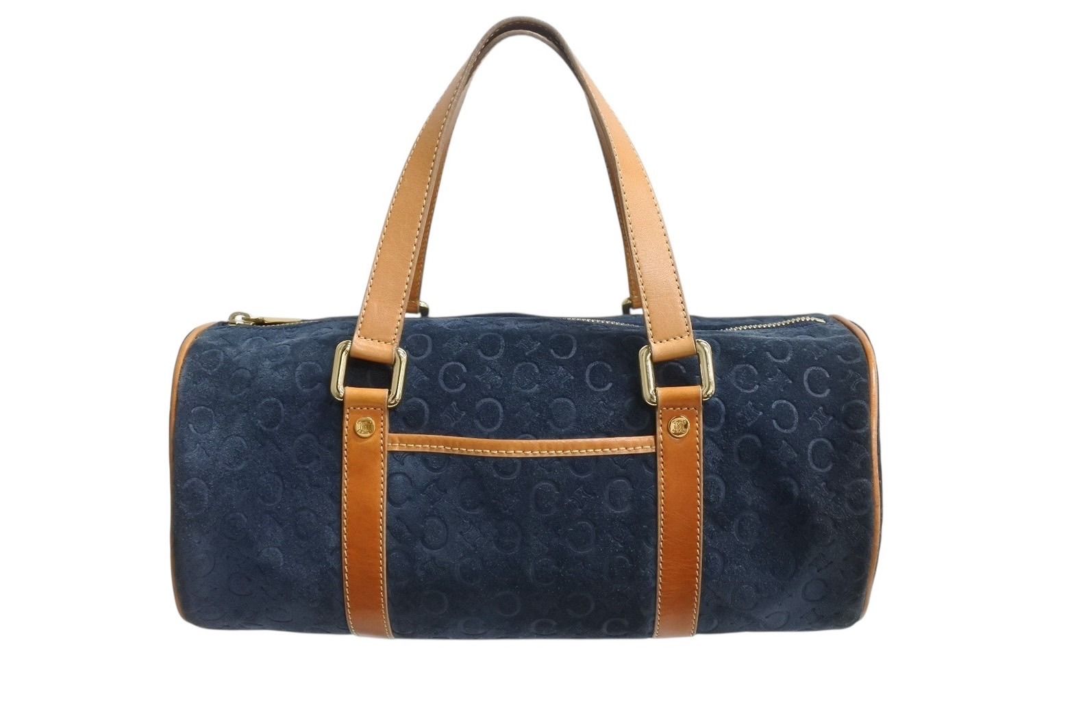 CELINE セリーヌ ハンドバッグ Cマカダム ロゴ金具 筒型 CE00|12 レザー スエード ネイビー ブラウン ゴールド金具 4b002977