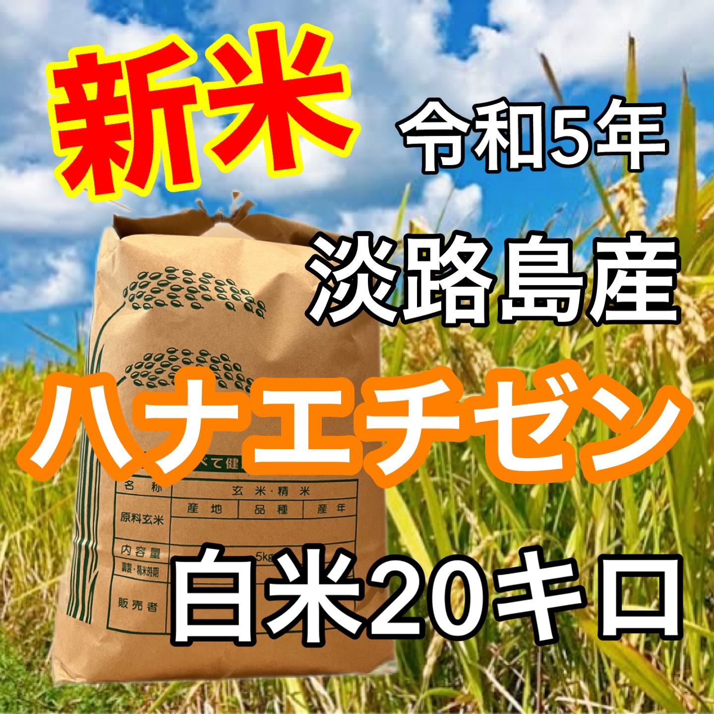 新米令和5年淡路島産ハナエチゼン白米20キロ産地直送