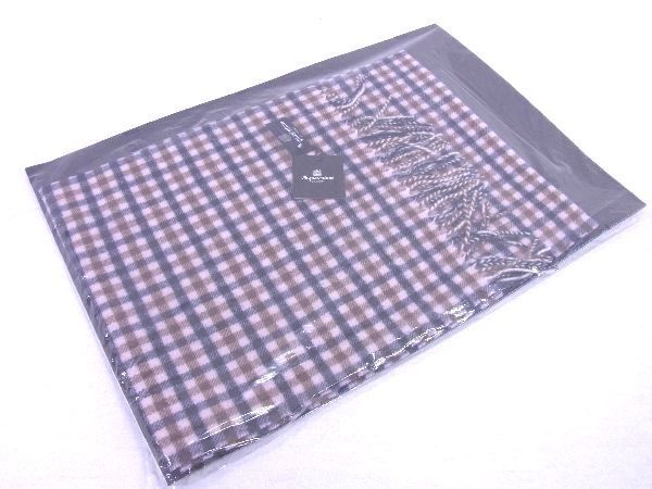 Aquascutum アクアスキュータム ラムウール100％ 総柄 チェック柄 マフラー ネイビー系×ブラウン系 BB1175UZ