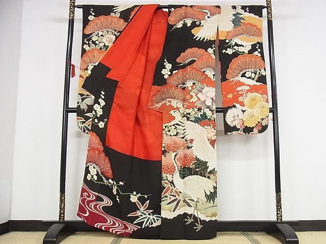 平和屋本店□極上 アンティーク 大正ロマン 振袖 刺繍 松竹梅飛鶴花文