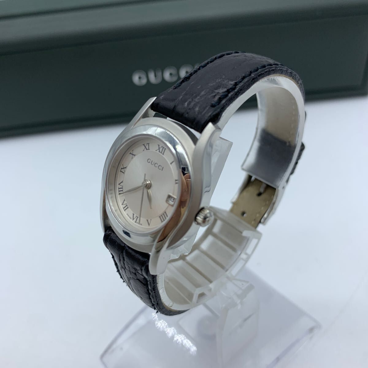 GUCCI 5500L ブラック文字盤 シルバーベルト GUCCI】グッチ 腕時計 5500L ステンレススチール×型押しレザー
