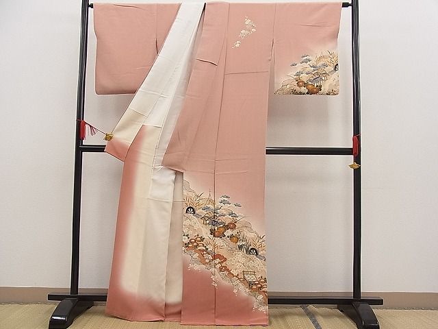 平和屋-こころ店■訪問着　扇面花文　暈し染め　銀彩　着丈168cm　裄丈67cm　正絹　逸品　A-ta5181