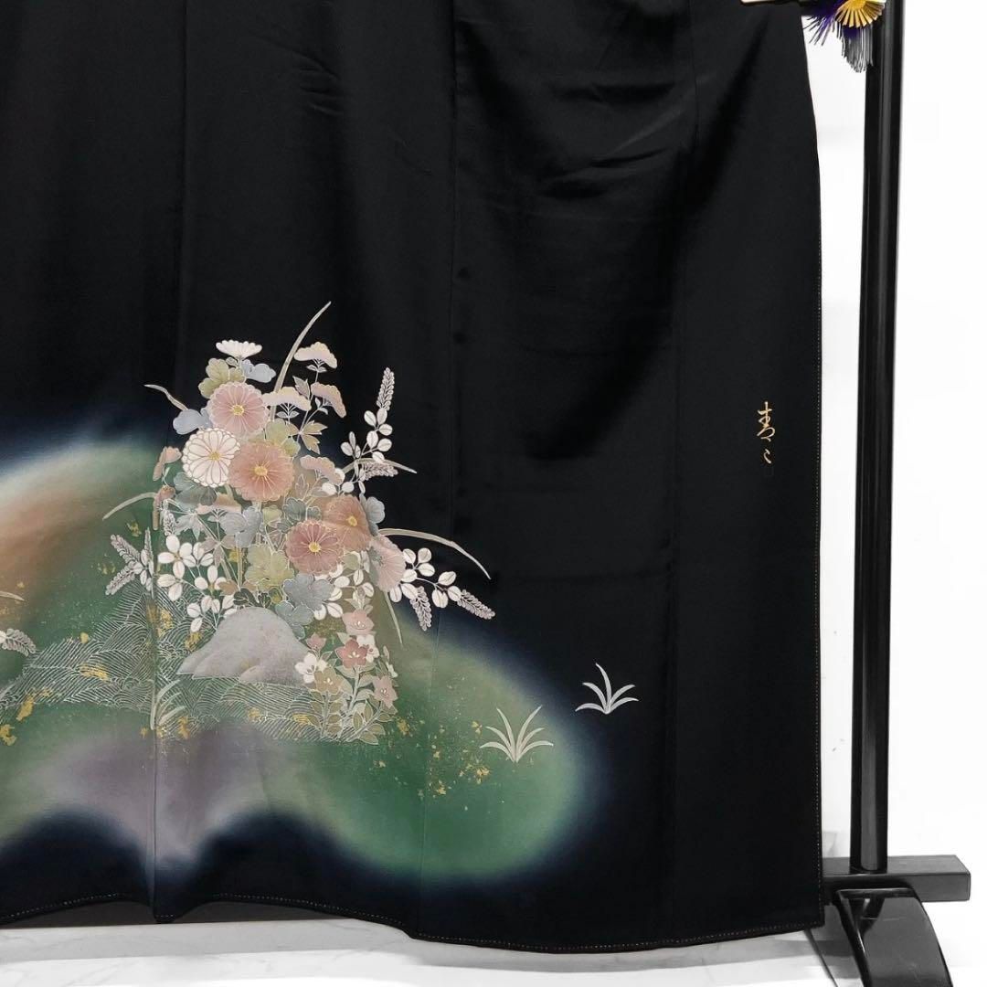 松井青々 黒留袖 金駒刺繍 金彩 菊 桔梗 萩 波 着物 072a d