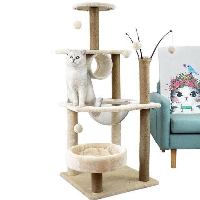 キャットタワー 猫タワー キャットハウス キャットツリー キャットポール 頑丈 ストレス発散 麻縄爪とぎポール 猫用品 多頭飼い 木製 猫の習性理解ハウス 繊細で滑らか生地 毛がつきにくい 定住 透明カプセル 淡いピンク 安心設計