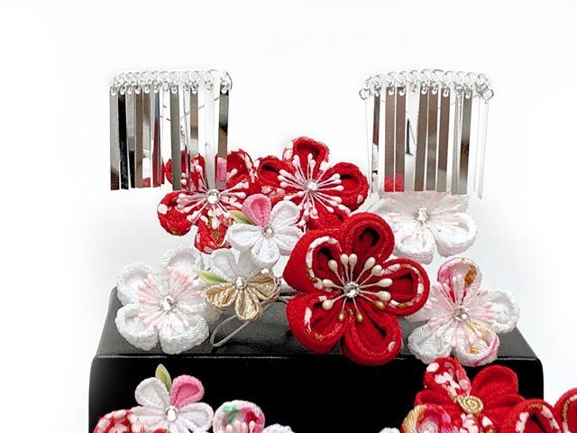 七五三 髪飾り 3点セット 7歳 つまみ細工 髪飾り 公式 勝山セット「赤