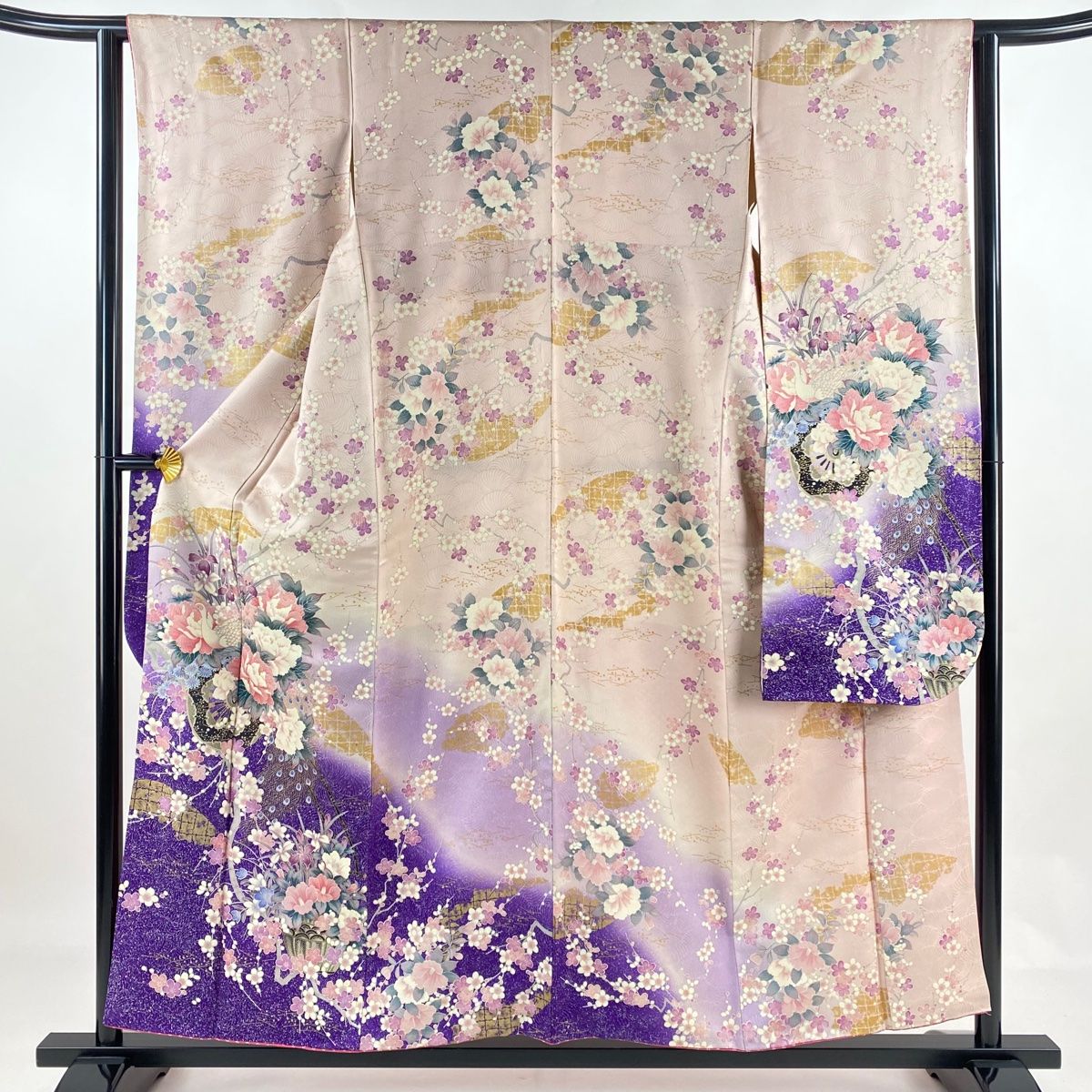 振袖 身丈157cm 加賀友禅 豪華 孔雀 銀彩 牡丹 紫陽花 紫 薄ピンク 振袖 身丈166.5cm 裄丈67cm M 袷 薔薇 草花 銀通し 金彩 薄