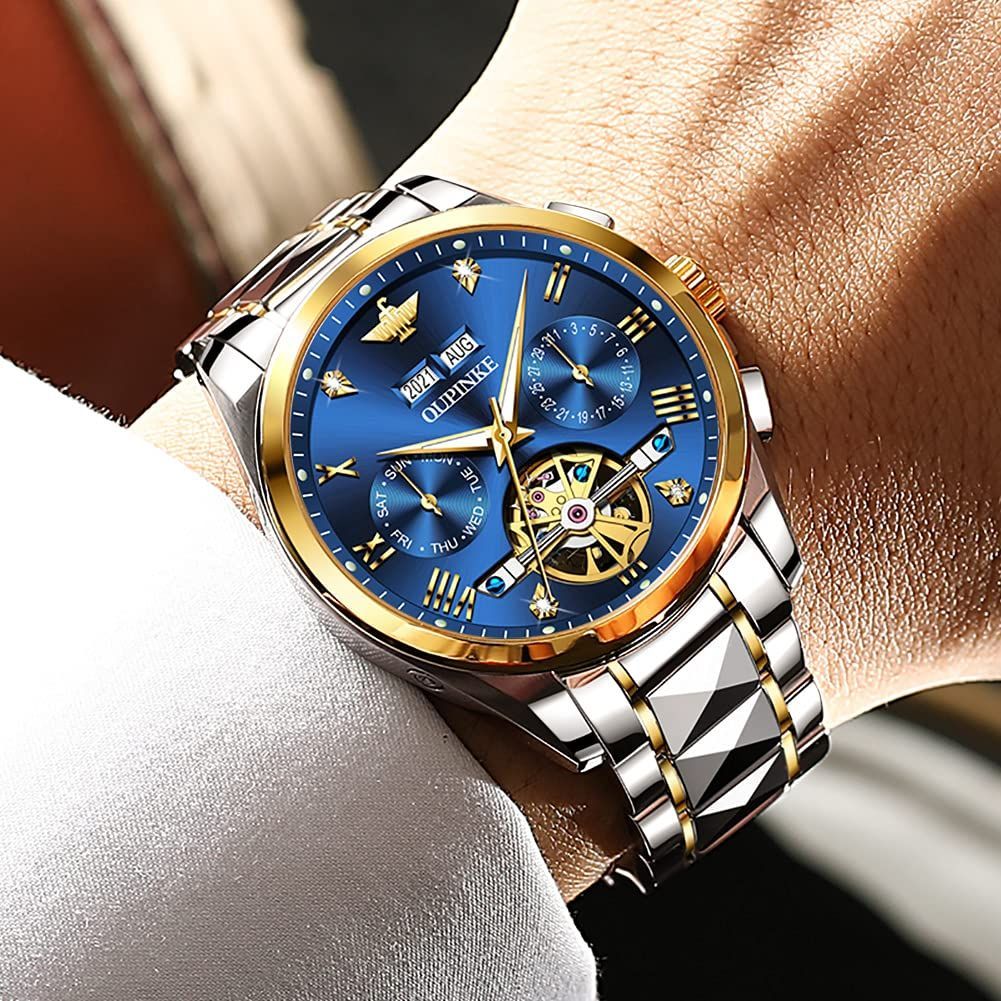色: 青と金色】腕時計 メンズ おしゃれ スケルトン 自動巻き