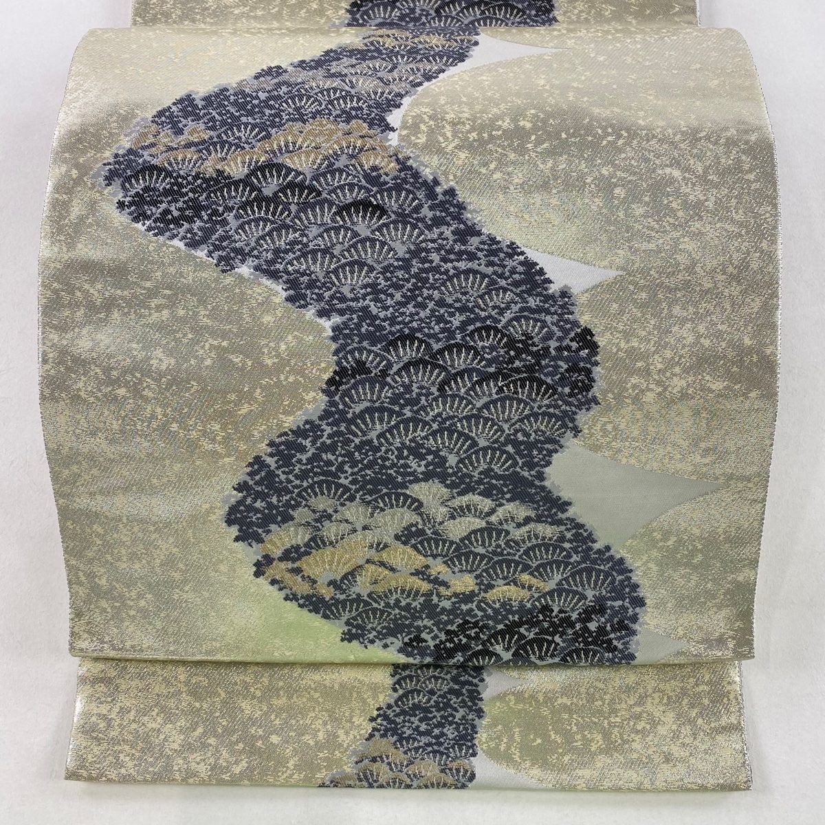 袋帯 秀品 服部織物 落款 こはく錦 笠松 流水 金銀糸 箔 銀色 六通 正絹