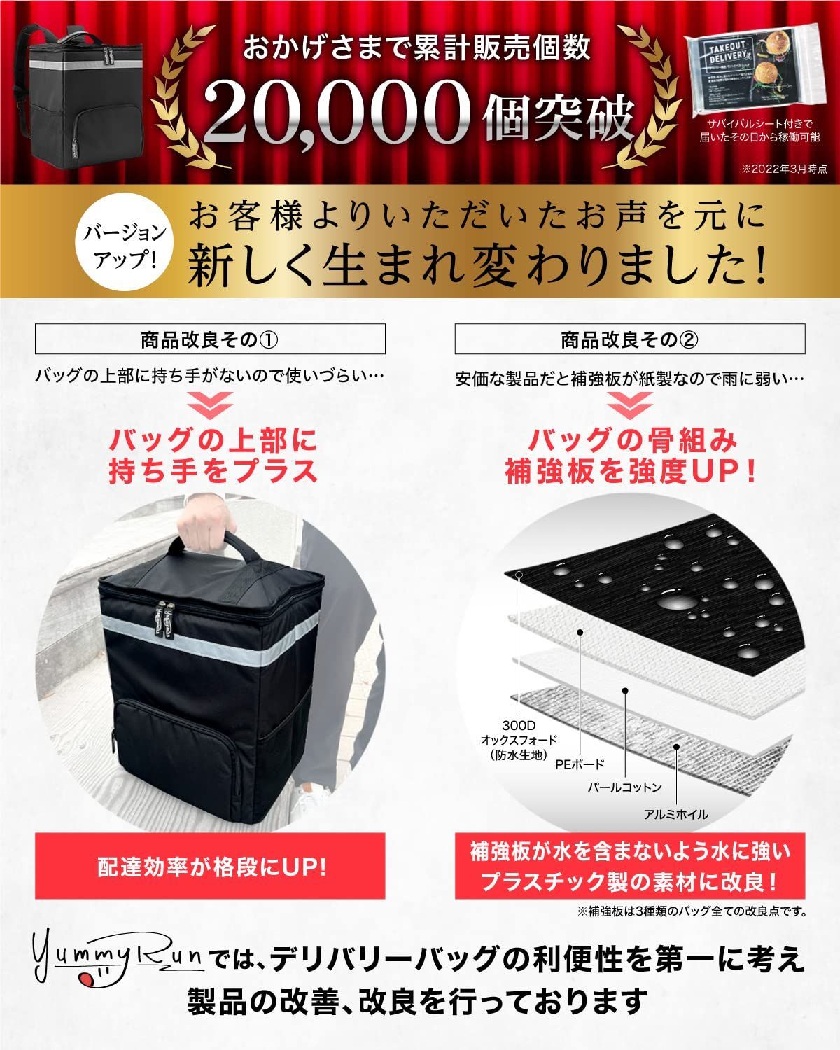 人気商品デリバリーバッグ 配達用 防水 サバイバルシート付き バッグ 保冷 配達バッグ 保温 ウーバーイーツ (本体) [ＹｕｍｍｙＲｕｎ]