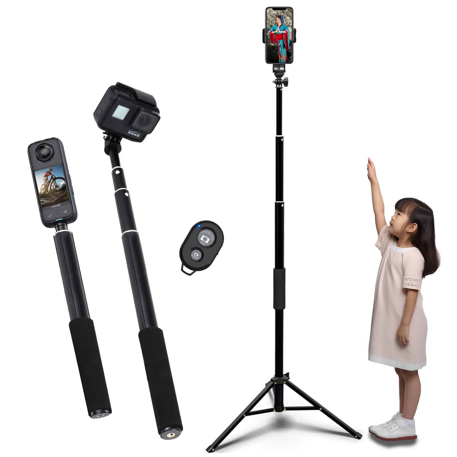 【特価商品】長い 携帯用三脚 自撮り棒 /Andriod tripod insta360 / 自撮り gopro セルカ棒 3脚 160CM コンパクト 自撮りや集合写真、生ライブ配信などに適用 【分離可能なデザイン】軽量 150cm以上 日本