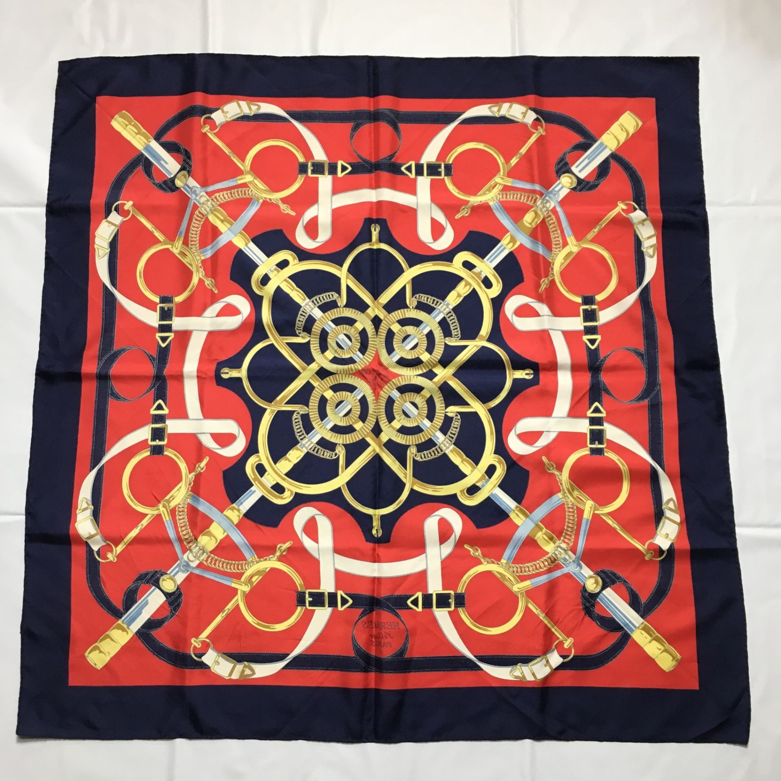 2504-195｜美品｜エルメス カレ 90 スカーフ シルク ネイビー