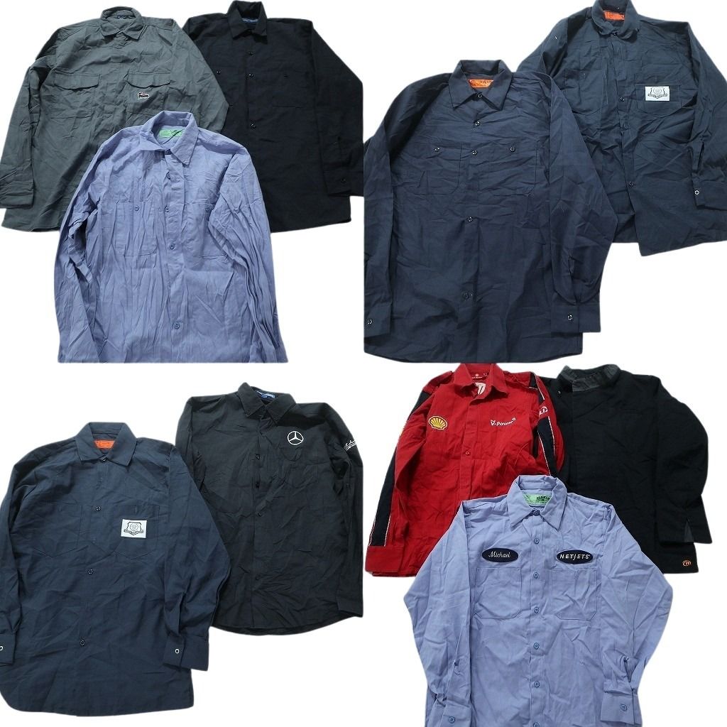 古着卸 まとめ売り ワーク 長袖シャツ 10枚セット (メンズ S /M ) グレー ブラック ボックスシルエット 企業 ワンポイント ベンツ MU9763