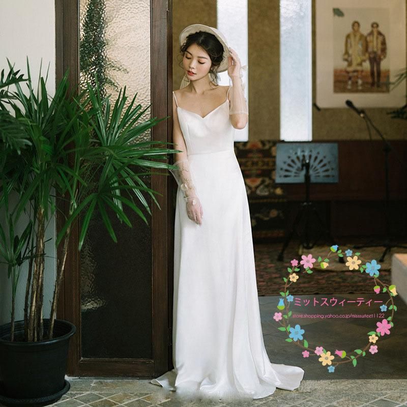 ウエディングドレス リゾートウェディング キャミソール ウェディングドレス 結婚式 二次会 ハネムーンフォト 白 ワンピース 披露宴 前撮り