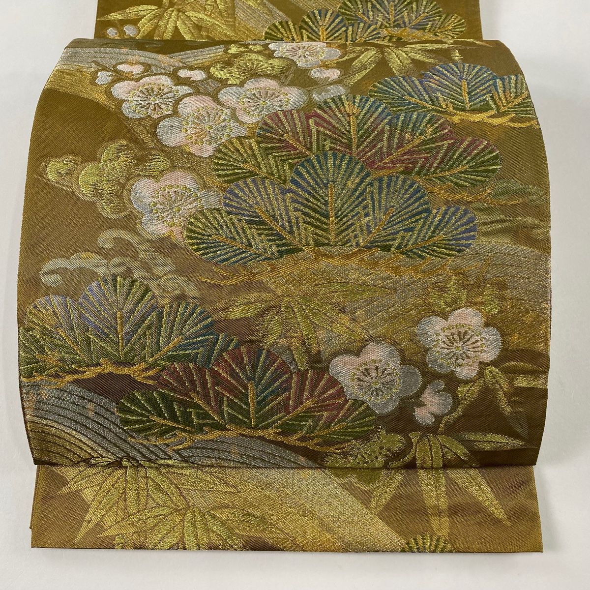 袋帯 川島織物 落款 松竹梅 金銀糸 箔 茶緑色 六通 正絹