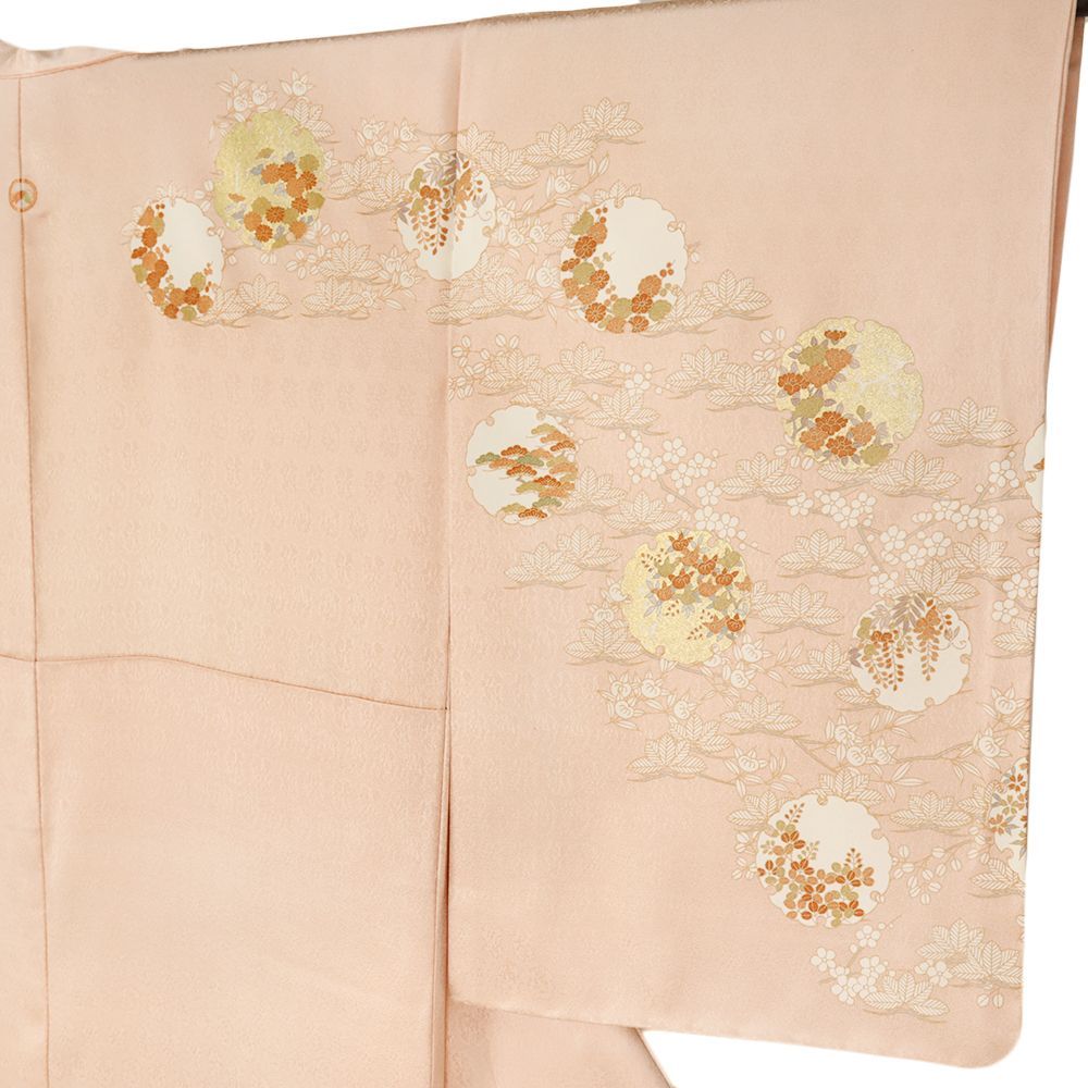 美品　訪問着　袷　正絹　着物　148㎝　ベージュ　水色　オレンジ　アンティーク 銀座【B-3869】訪問着 オレンジ系 流水に源氏香や四季花など :身丈163