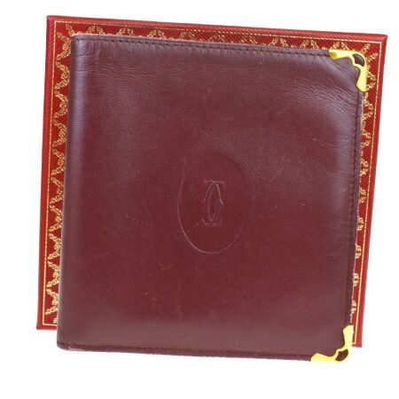 【】 カルティエ Cartier マスト 二つ折り 札入れ カード入れ 財布 ボルドーレッド レザー 保存箱付き 03BQ221