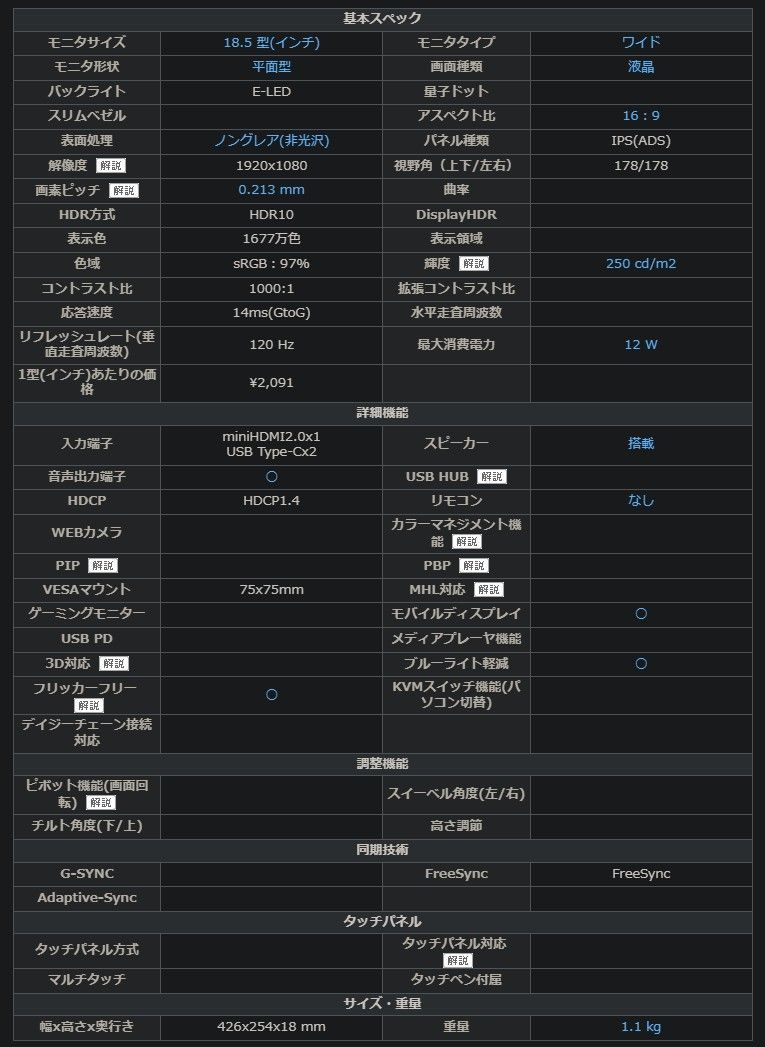 JAPANNEXT|フルHDモバイルモニター|JN-MD-185IPS120FHDR|18.5インチ
