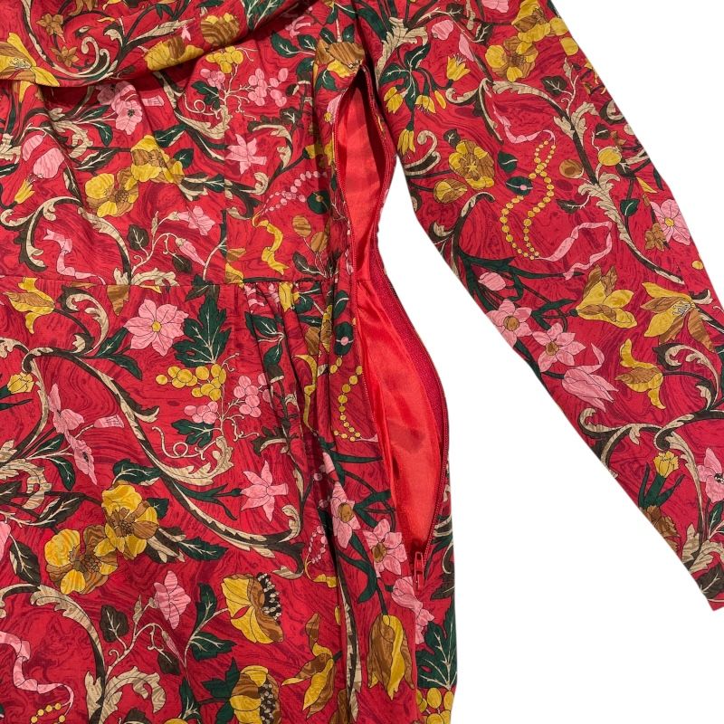 エルメス HERMES 花柄長袖ワンピース レッド シルク レディース  