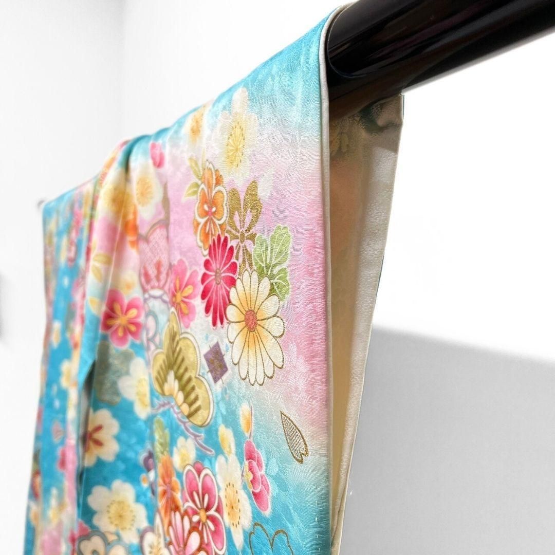 金駒刺繍 金彩 牡丹 松竹梅 水色 振袖 成人式 晴れの日 着物 032a p 
