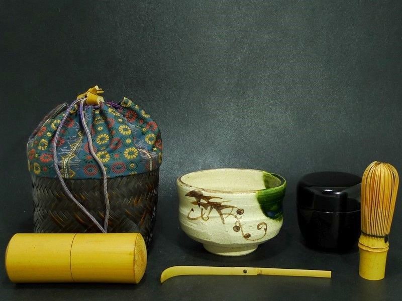 野点セット 茶碗 茶杓 茶筅 なつめ 夏目 織部焼 織部茶碗 旅茶碗セット