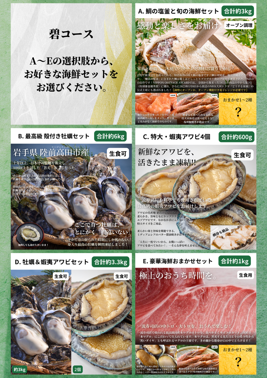 【ギフト仕様】高級海鮮2万円分交換チケット[碧(midori)コース] お祝い, 内祝いに！5種の魚介セットから選べる グルメカタログ カタログギフト式【用途：結婚内祝い、出産内祝い、出産祝い、お返し、お礼、快気祝い、お歳暮、お中元 など】