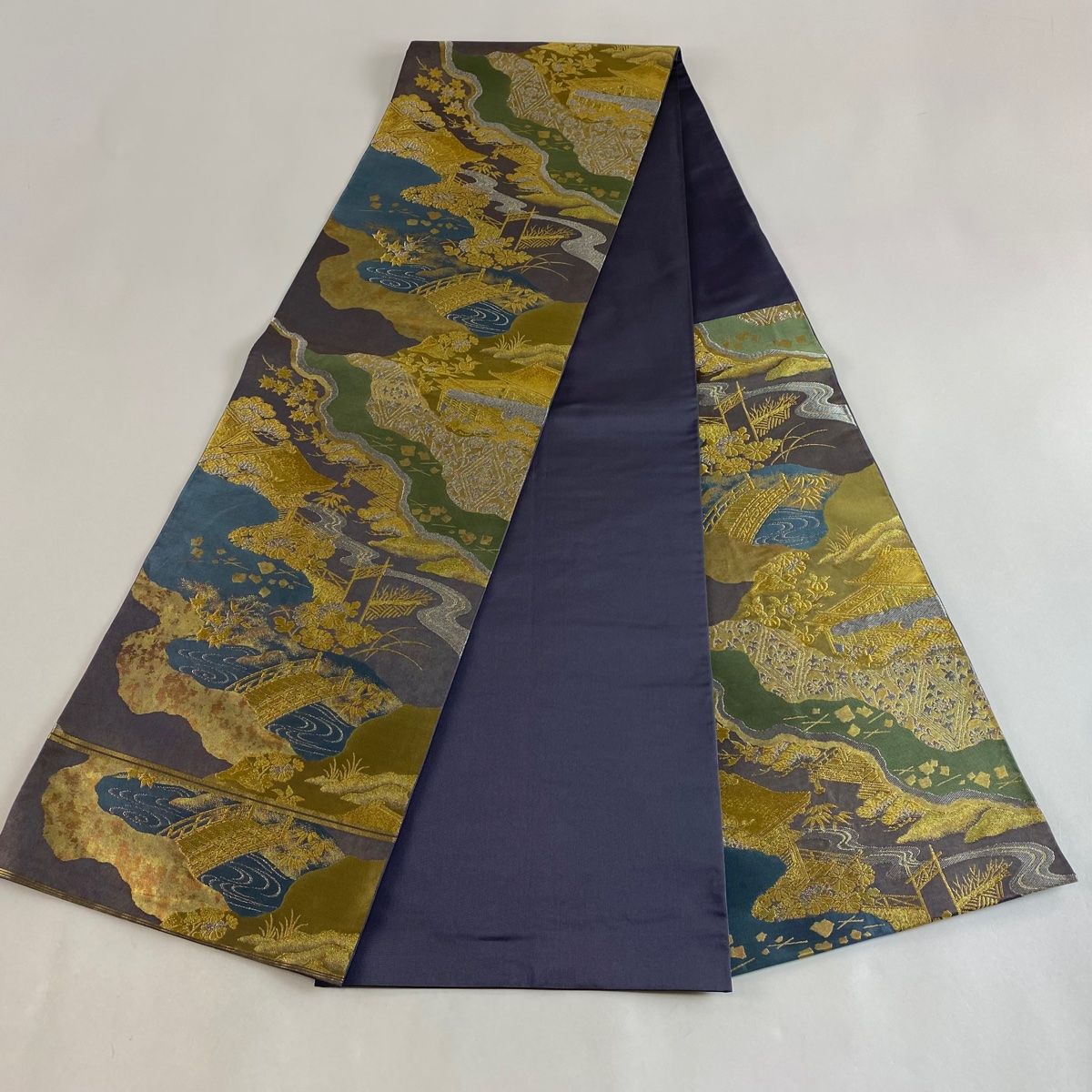 O0617 美品 逸品 上品 ハイブランド 川島織物 正絹 本袋帯 袋帯 美品 逸品 川島織物 落款 草花 幾何学模様 金糸 灰緑 六通
